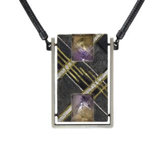 A rectangular necklace with purple and gold design.