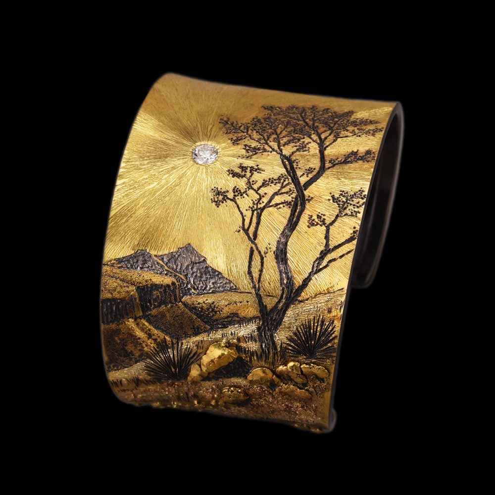 A painting of a tree and mountains on a black background