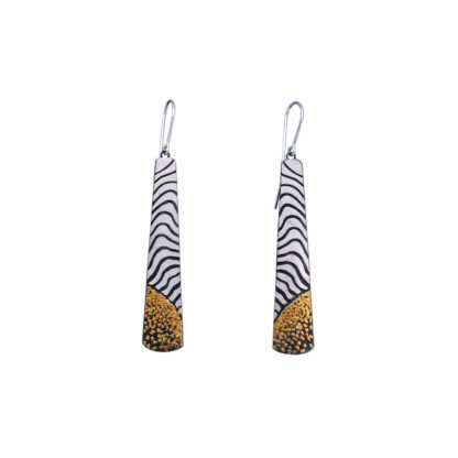 A pair of earrings with silver and gold stripes.