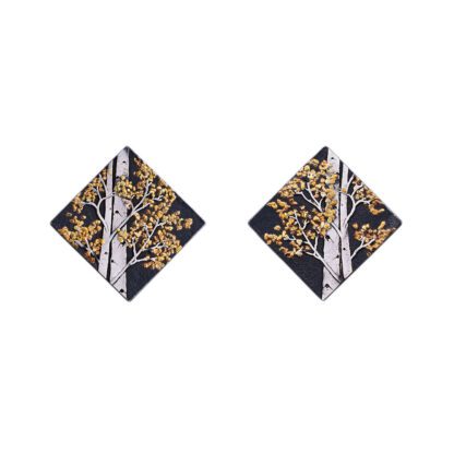 A pair of earrings with gold and black designs.