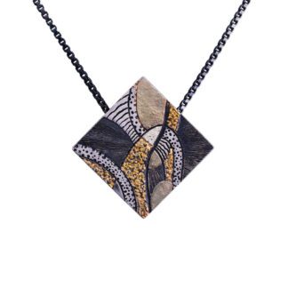 A necklace with a square shaped pendant in the middle of it.