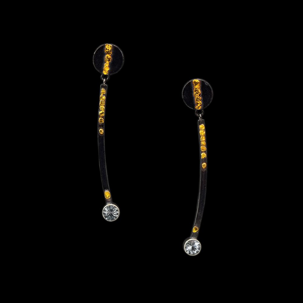 A pair of earrings with gold and diamond.