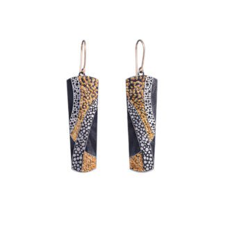 A pair of earrings with gold and silver leaf designs.