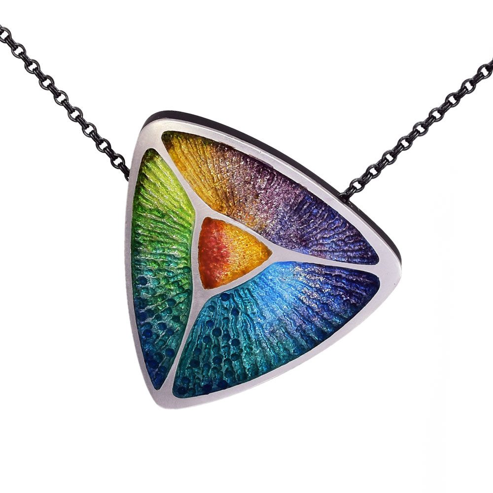 A necklace with a colorful triangle on it.