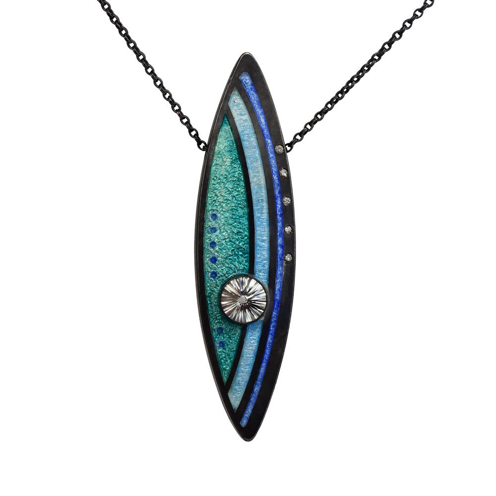 P585EN “Colors of Glacier Lake” Pendant: Vitreous enamel on Fine Silver with diamonds and Goshenite beryl.