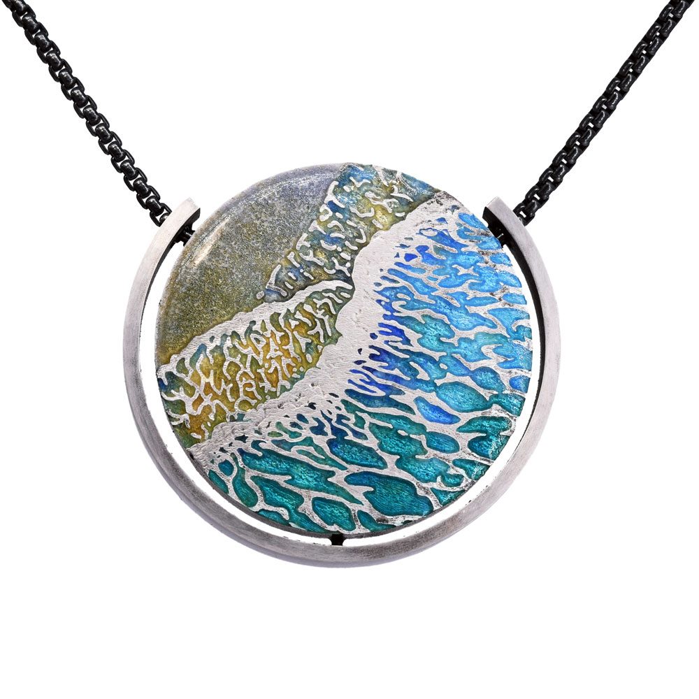 P568EN ‘Ocean’ Pendant: Vitreous enamel on Fine Silver with Sterling silver frame. 