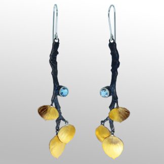 A pair of earrings with yellow and blue beads.