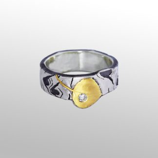 A silver ring with gold and diamond on it.