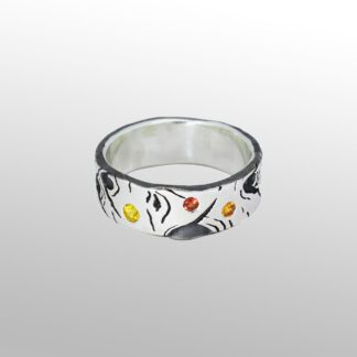 A silver ring with a white background and colored dots.