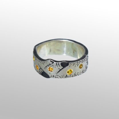 A silver ring with yellow and black design.