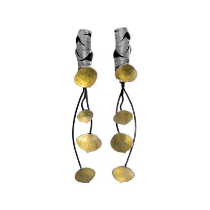 A pair of earrings with gold and silver beads.