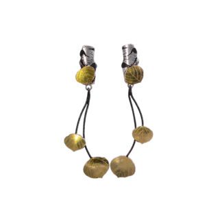A pair of earrings with gold colored metal beads.