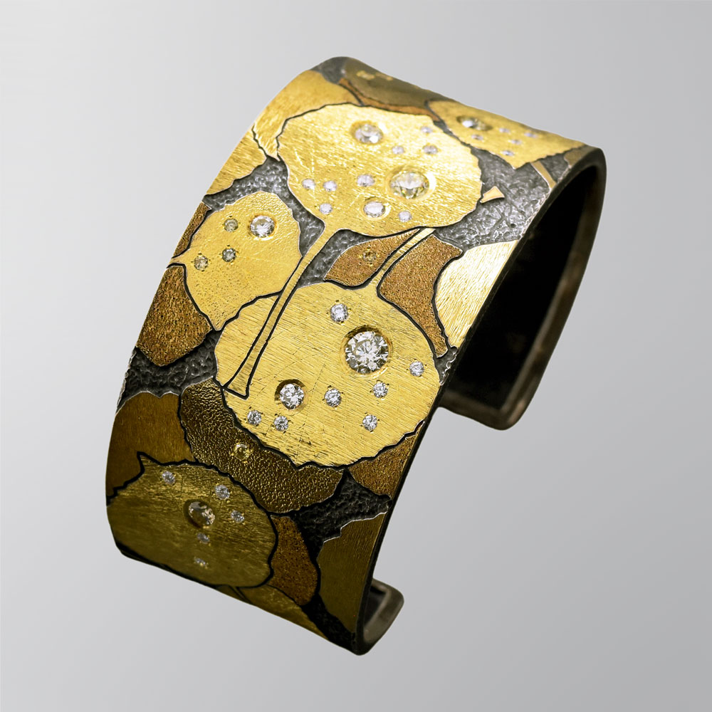 B230 Cuff Style Bracelet: “Aspen Leaves Connecting to Earth Glittering in the Sun”