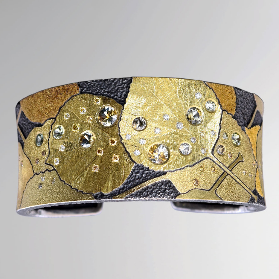 B270 narrow Cuff Style Bracelet “Aspen Leaves Connecting to Earth after the Rain"