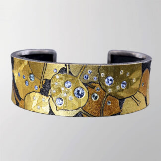 B271 narrow Cuff Style Bracelet “Aspen Leaves Connecting to Earth - Blue Sky Reflecting in Raindrops"